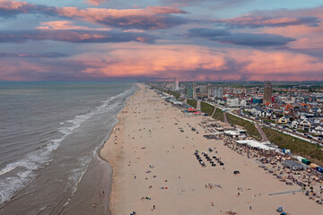 Aerial from the beach at Zandvoort at the North Sea in the Netherlands at sunset - obrazy, fototapety, plakaty
