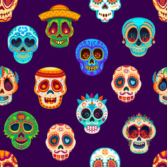 Fototapeta na wymiar Day Of Dead Mexican calavera sugar skulls seamless pattern. Dia de Los Muertos holiday fabric print, Mexican seamless wallpaper or textile colorful background with ornate funny calavera skulls