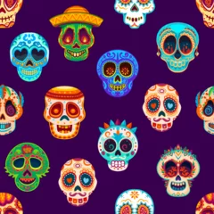 Foto op Plexiglas Schedel Day Of Dead Mexican calavera sugar skulls seamless pattern. Dia de Los Muertos holiday fabric print, Mexican seamless wallpaper or textile colorful background with ornate funny calavera skulls