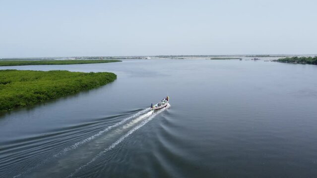 View over Sine Saloum 23 Senegal, Pirogue, boat- Shot taken with drone - Africa