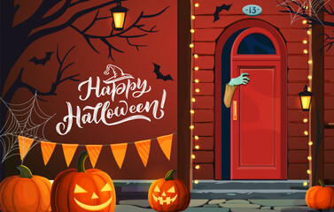 Obraz premium Halloween porch and door with zombie hand. Vector cottage front yard with festive decorations. Jack lantern pumpkins, spooky bats, and garlands on terrace with creepy arm emerge from the doorway frame