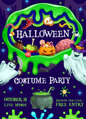 Halloween party flyer with green slime blobs, holiday sweets and ghosts cartoon characters. Trick or treat horror night monsters vector personages of ghosts, witch potion cauldron, candies and cakes