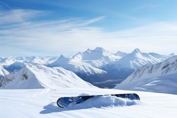 Fototapeta na wymiar a snowboard in the snow with a mountain background