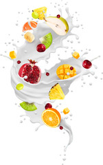 Realistic milk drink swirl wave splash and fruits. Isolated vector dairy yogurt or cream white liquid twist with mango, kiwi, pear, grapefruit, pineapple, garnet or banana and orange fresh fruity mix