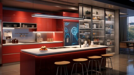 A tech-forward kitchen with a built-in tablet for accessing recipes and culinary guidance.