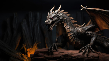 Giant wooden dragon sculpture on dark dramatic background. Dark skin and sharp thorns