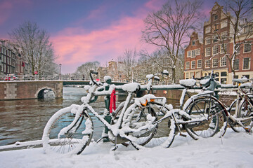 snowy Amsterdam in the Netherlands