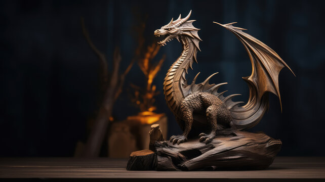 Giant wooden sculpture of dragon, casting flame on dark dramatic background. Dark skin and sharp thorns