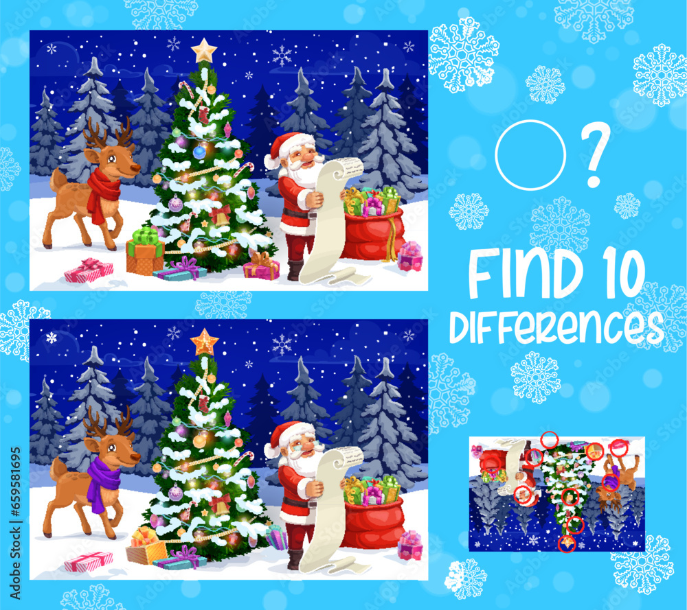 Aufkleber find ten differences christmas game worksheet. winter holiday, christmas difference search puzzle or