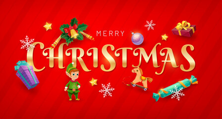 Naklejka premium Golden Christmas lettering banner. Vector holiday greeting card with sparkling lights, gift boxes, elf, bauble, sweets and snowflake on red background with festive striped ornament and holly leaves