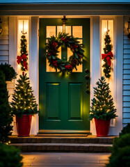 Green front door with christmas wreath. Red bows and mini christmas trees on a porch decorated for seasonal holiday displays. Glowing string lights create bokeh and ambiance. 
