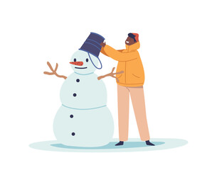 Joyful Child Character Sculpting A Snowman With Carrot Nose And Bucket Hat In The Snowy Playground, Vector Illustration