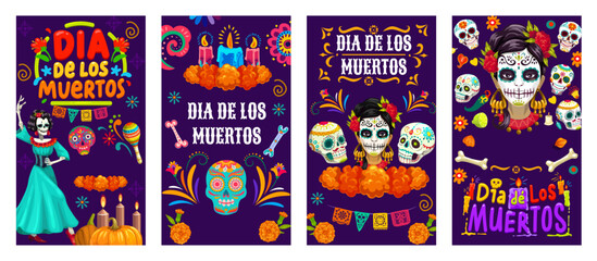 Mexican Day of the Dead Dia De Los Muertos holiday banners, Mexico Halloween calavera skulls vector characters. Cartoon sugar skulls, marigold flowers, altar candles and papel picado paper cut flags