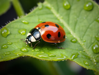 Close-up of a ladybug perched on a leaf with vibrant colors and detailed texture.