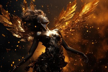 Gorgeus Fairy, Angel Woman with Golden Wings over a Golden Firy Background. Fire Particles Overlay.