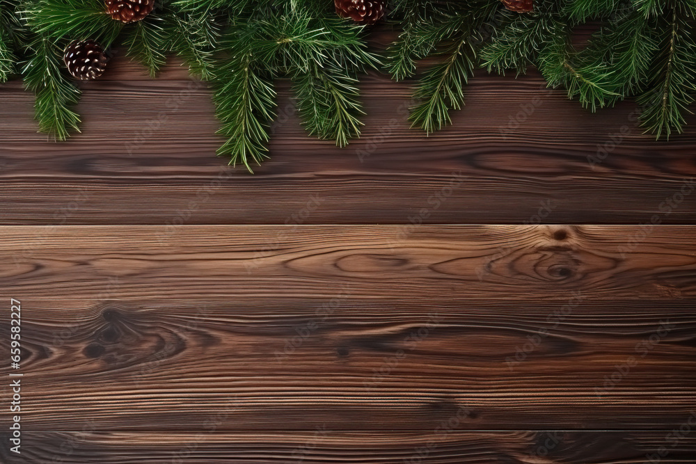 Poster christmas tree branches on top of wooden table with copy space for design in bottom part
