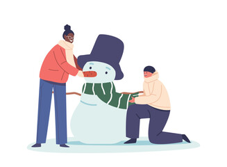 Joyful Children Character Sculpting Snowman, Their Faces Beaming With Wintery Wonder. Carrot For Nose, Coal For Eyes