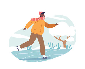Young Boy Character Gracefully Glides Across The Ice Rink, His Face Illuminated With Joy As He Dances, Vector