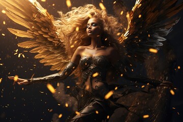 Gorgeus Fairy, Angel Woman with Golden Wings over a Golden Firy Background. Fire Particles Overlay.