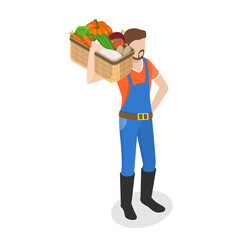 3D Isometric Flat Vector Set of Farmers, Harvest Season. Item 4