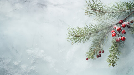 Fototapeta na wymiar A branch of pine, rowan berries on christmas new year snowy winter background