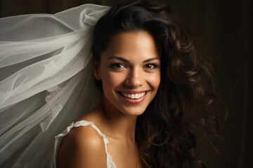 Portrait of a smiling young Latina bride in a wedding veil - obrazy, fototapety, plakaty