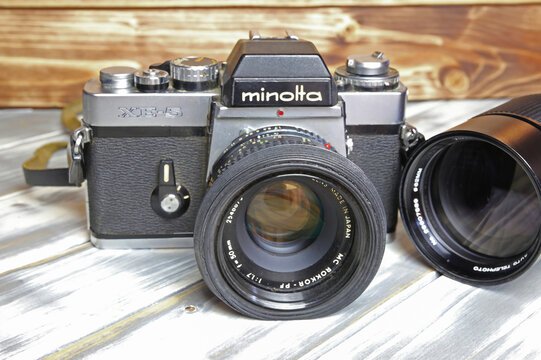 Viersen, Germany - Juin 9. 2023: Minolta XE-5 single lens analog film reflex camera with tele objective