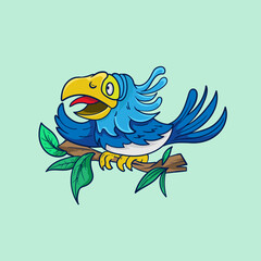 Illustration of cute cartoon happy toucan on tree branch