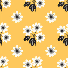 Seamless vector pattern with bold black and white rue anemone wildflowers on a yellow background. Modern botanical illustration perfect for paper goods, gift wrap, fabric, tea towels, scrapbooking.