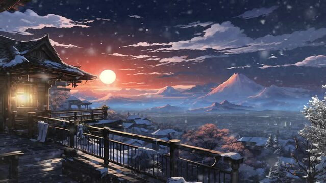 Beautiful winter scenery sky fantasy landscape from the balcony of the house. snowing. animation cartoon style video art design

