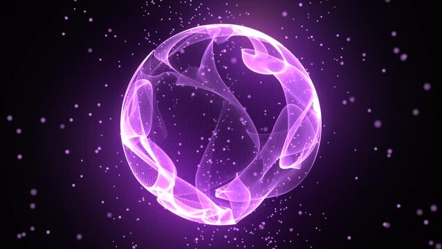 Bright glowing particle 3d sphere in the Universe. Abstract technology, science, engineering and artificial intelligence background. Animated wavy cosmic energy orb. Rose gold sphere. 4k loop.