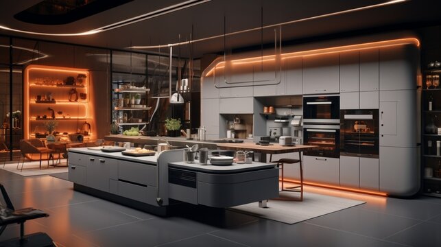 An advanced kitchen equipped with voice-activated gadgets and intelligent faucets.