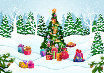 Christmas paper cut snow waves and decorated pine tree. Vector forest landscape with festive spruce and gifts at holiday eve under falling snowflakes. Xmas fir-tree with baubles, lights and presents