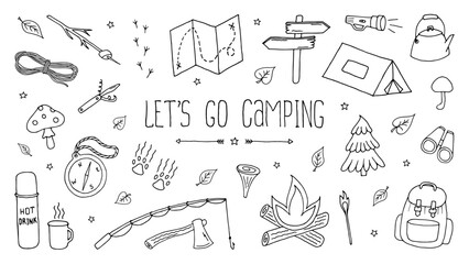 Lets Go Camping Set. Backpacking drawing, vector doodle illustration. Hiking icons. Black objects on white background