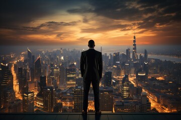 A confident business man is standing on an upper floor of a high-rise building. He is looking at the modern city with skyscrapers in front of him.