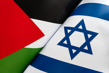 Background of flags of the Israel and palestine. concept of interaction or counteraction between two countries. International relations. political negotiations. war in Middle East - obrazy, fototapety, plakaty