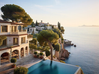 A stunning Mediterranean villa perched on a cliff, offering breathtaking views of the azure sea. - obrazy, fototapety, plakaty