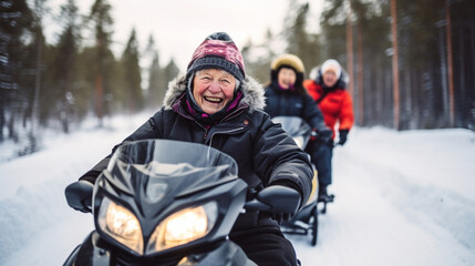 Fototapeta na wymiar Group of elderly travelers enjoying a scenic ride on a snowmobile, elderly people, winter trip, blurred background