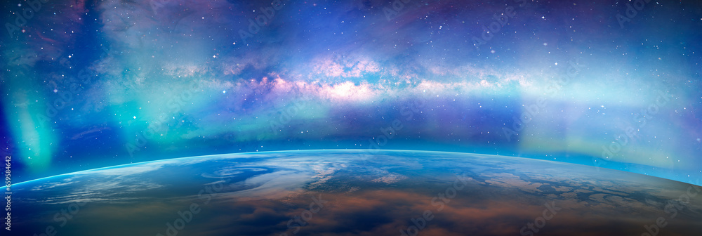 Poster planet earth with milky way galaxy in the background - a beautiful green and blue aurora dancing ove