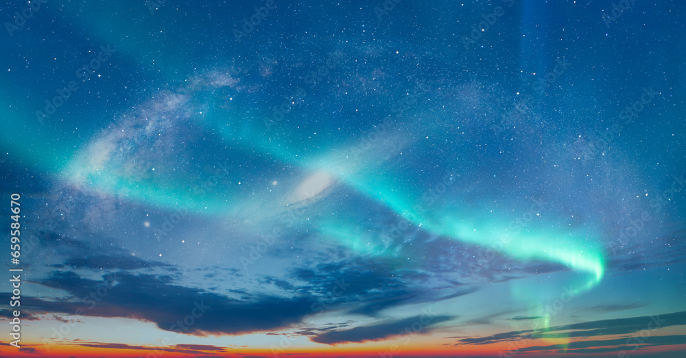 Poster our galaxy is milky way spiral galaxy with aurora borealis andromeda galaxy in the background 