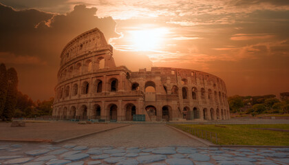 Sunrise at Rome Colosseum (Roma Coliseum), Rome, Italy - Colosseum amphitheater in Rome - obrazy, fototapety, plakaty