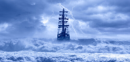 Sailing old ship in storm sea on the background heavy clouds with lightning - obrazy, fototapety, plakaty