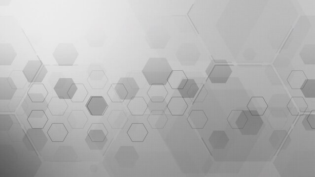 Abstract background of hexagons pattern and chemical engineering, genetic research, molecular structure. Gray looped geometric motion graphics.
