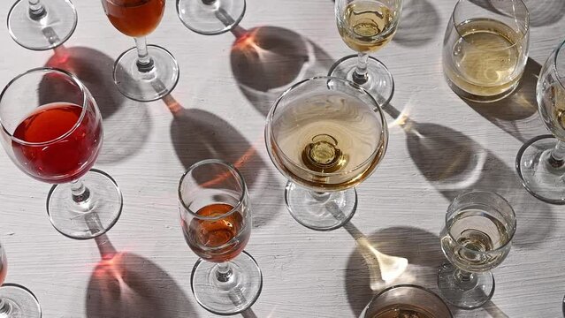 Glasses with different wine types on the table, wine tasting, party and celebration concept.
