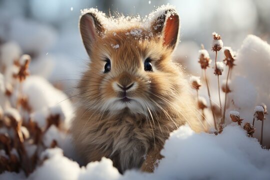 Cute baby rabbit in snowy forest at winter