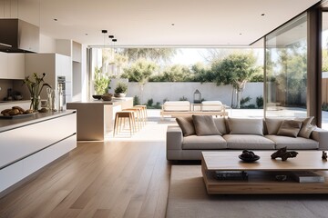 Fototapeta premium Luxurious Interior Design of a Modern White Living Room, some Wooden Decorations. Expensive Villa.