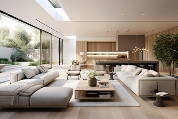 Fototapeta premium Luxurious Interior Design of a Modern White Living Room, some Wooden Decorations. Expensive Villa.