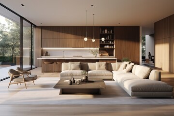 Luxurious Interior Design of a Modern White Living Room, some Wooden Decorations. Expensive Villa.