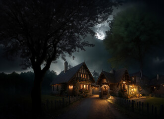 Naklejka premium Old house and the street in the night at Halloween holiday.