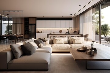 Luxurious Interior Design of a Modern White Living Room, some Wooden Decorations. Expensive Villa.